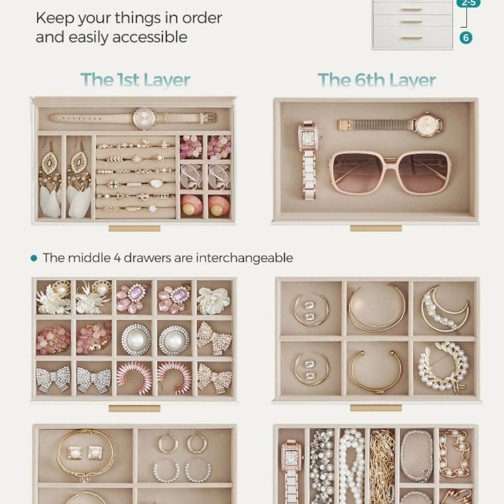 Songmics 6 Layer Jewelry Box w/Glass Lid - Picture 5 of 7